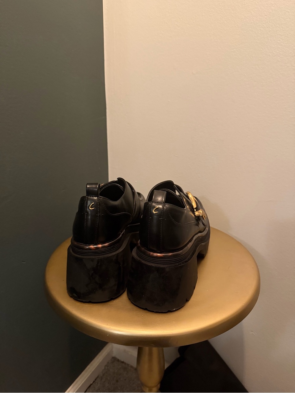 Black Chunky Loafer with Gold Buckle - Women's Shoes - Picture 3 of 6